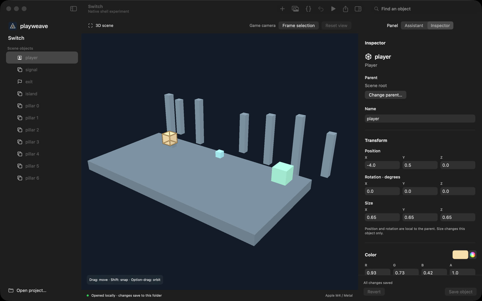 The editor with the player selected: scene objects listed on the left, the 3D viewport in the middle, and the inspector on the right showing name, position, rotation, size and colour fields
