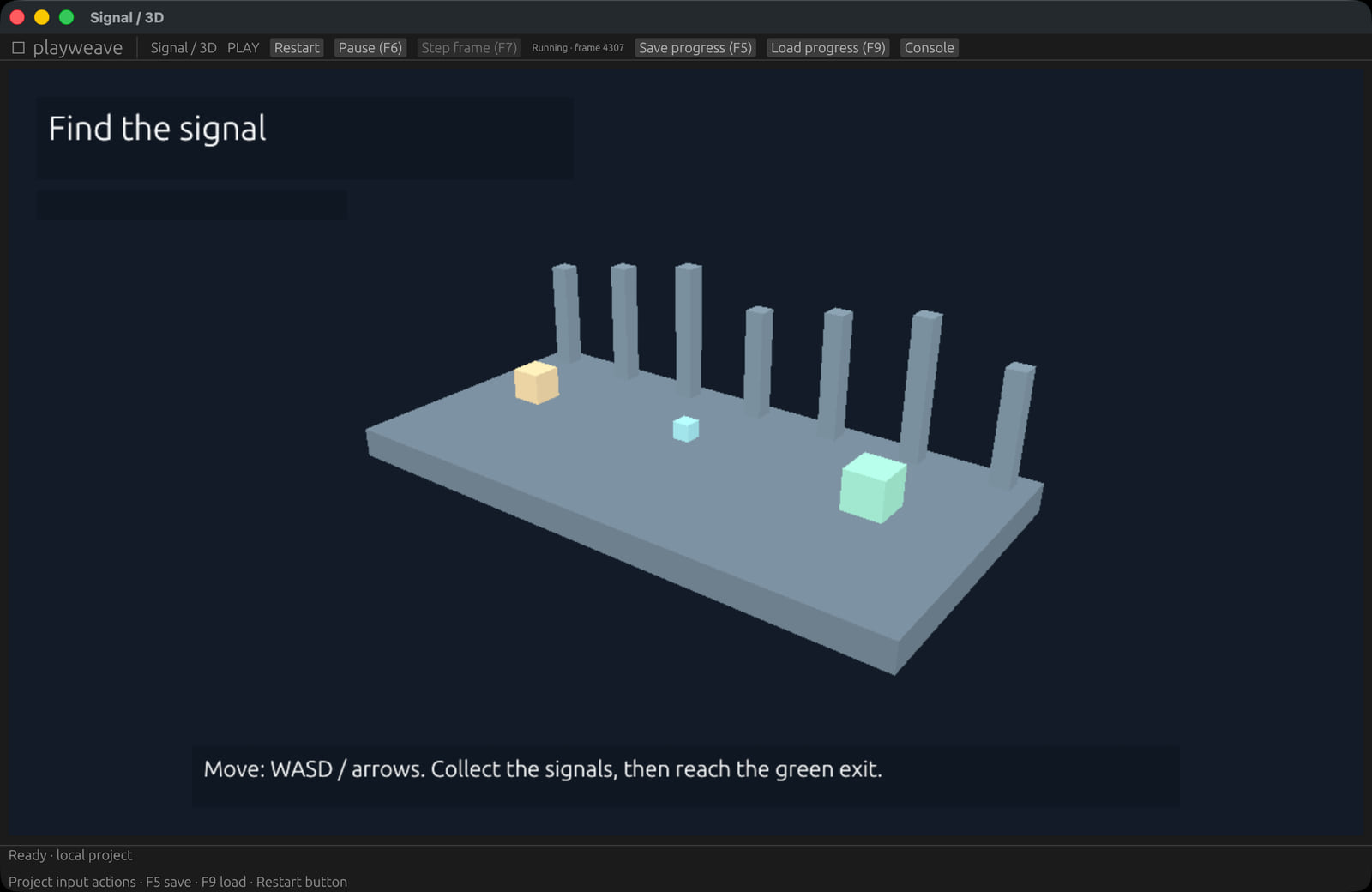 The Signal 3D sample running in its play window: the player cube on the island among pillars, the objective banner reading Find the signal, and the movement hint at the bottom