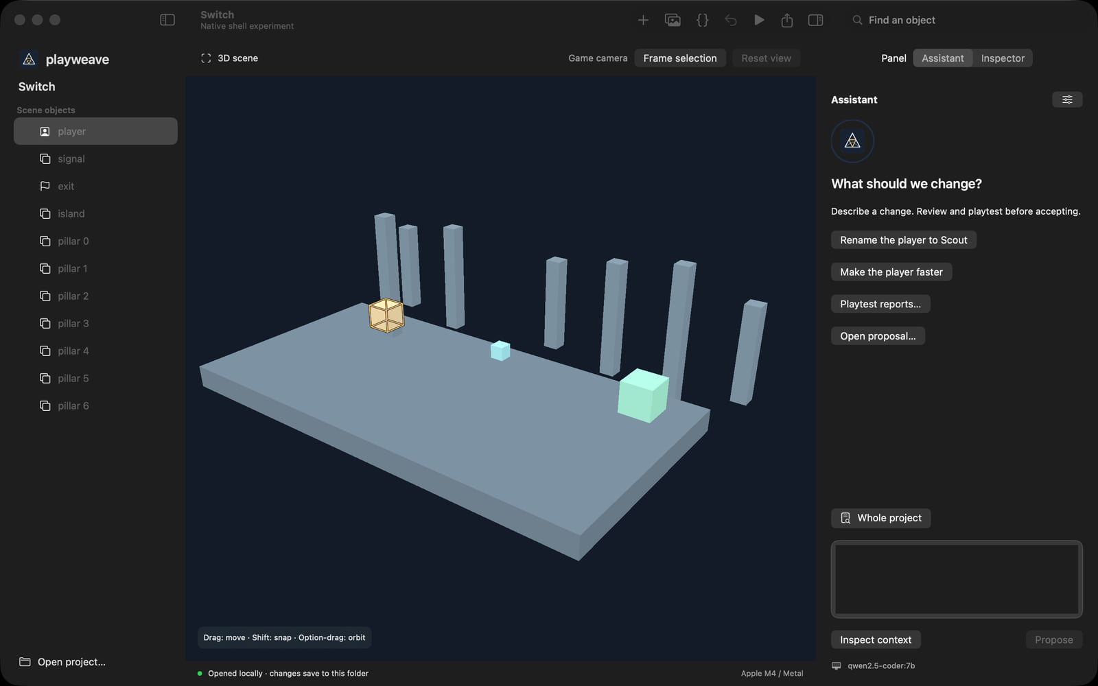 The Playweave editor with the Switch example open: scene objects on the left, the 3D viewport with the selected player cube, and the assistant panel on the right